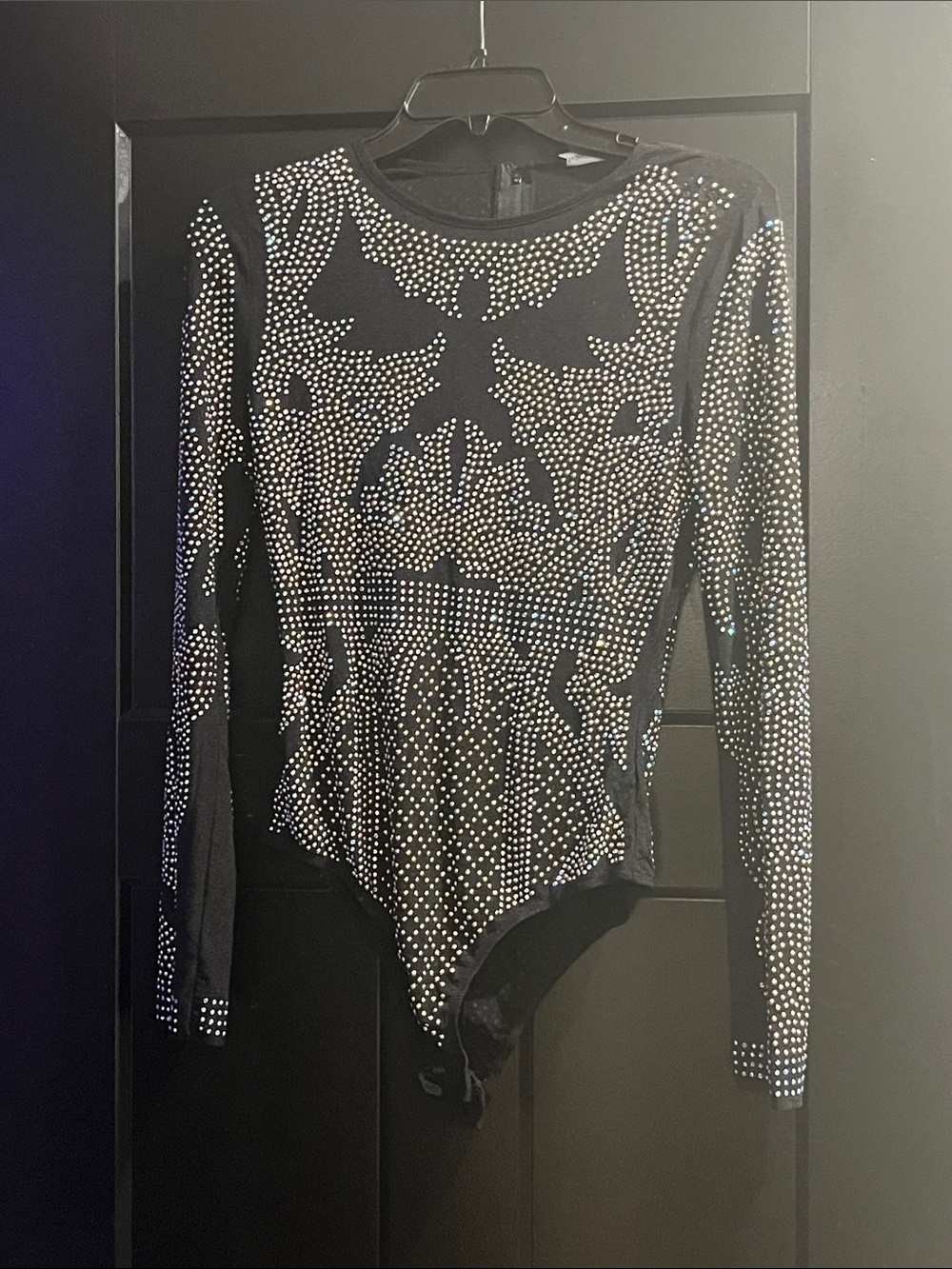 Fashion Nova Black Long-Sleeve Rhinestone Bodysuit
